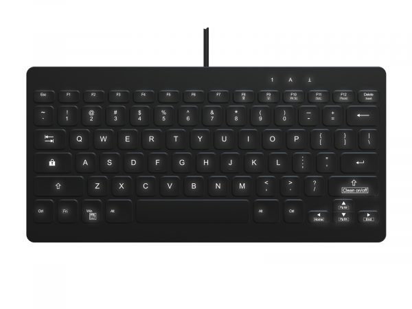 KBA-CK78-BNUW-US (white backlighting) top view of black USB keyboard with white backlighting on