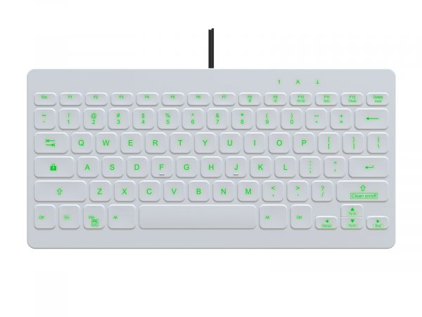KBA-CK78-WNUG-US (green backlighting) top view of white USB keyboard with green backlighting on